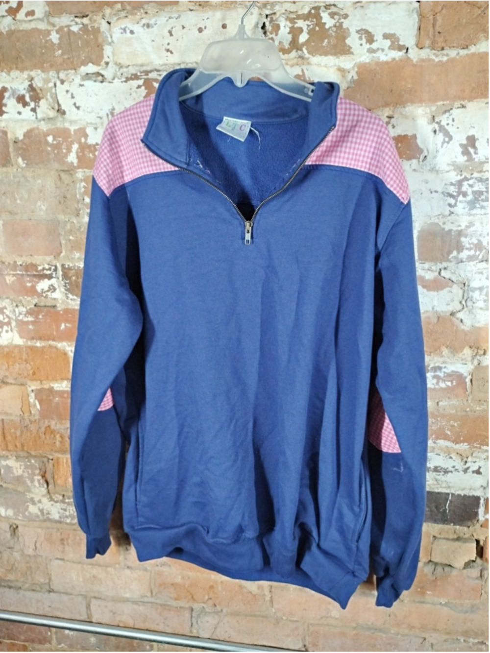 Vintage Women's Quarter Zip Pullover Navy And Ping Gingham Love That Cotton